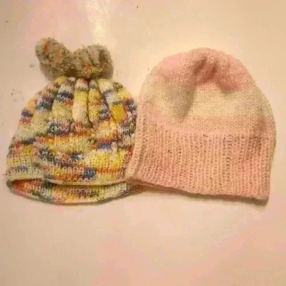 2 baby knit winter hats white,  pink and blue US 3-6 M